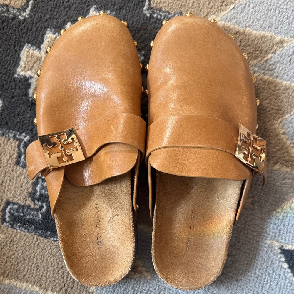 Tory Burch Brown Leather Mules with Gold Studs